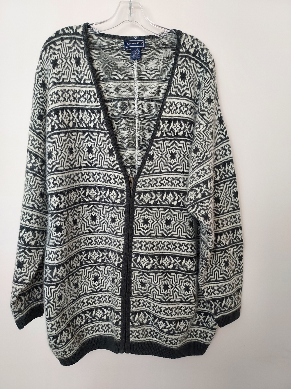 Vintage Charter Club 1X Black & White Fair Isle Zip-Up Cardigan Sweater Soft